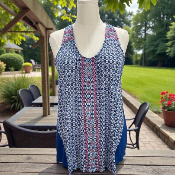 Dept 222 Cabana Nights Boho Tank Top Blue Print NWT PL Summer Vacation Resort - Picture 1 of 10